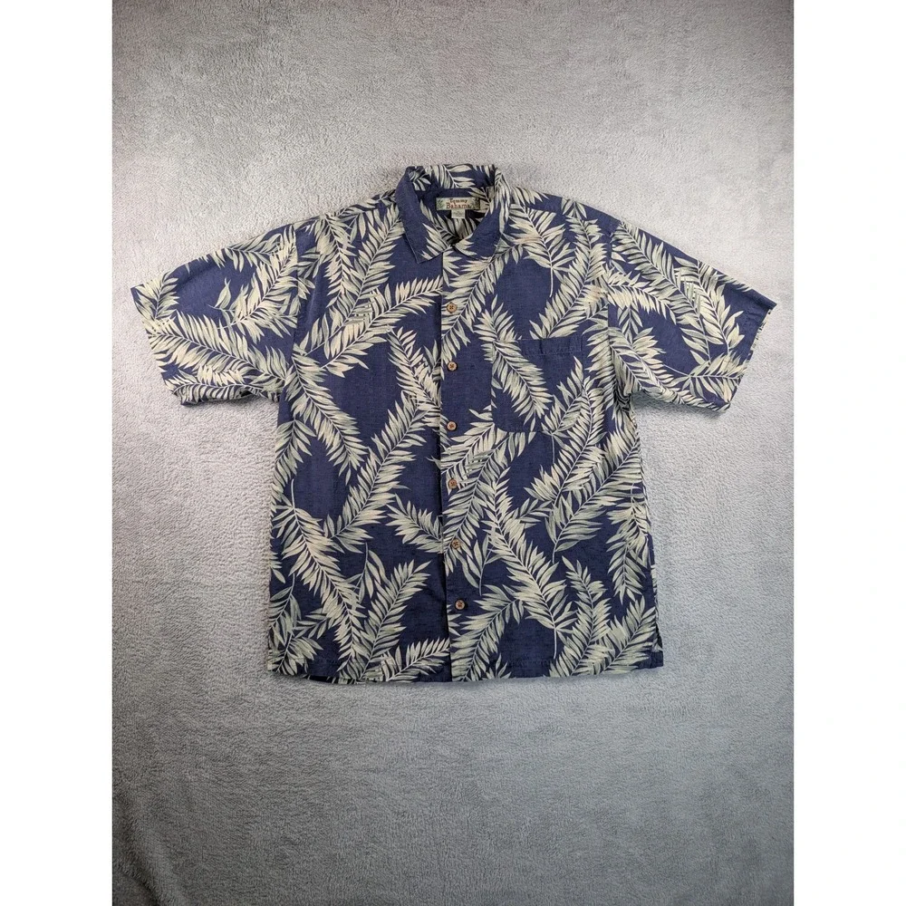 Tommy Bahama Mens Medium Blue Silk‎ Palm Leaf Print Short Sleeve Camp Shirt